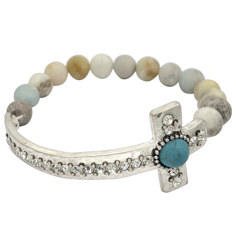 Mixed Multicolor Genuine Stone Silver Rhinestone Cross Stretch Bracelet